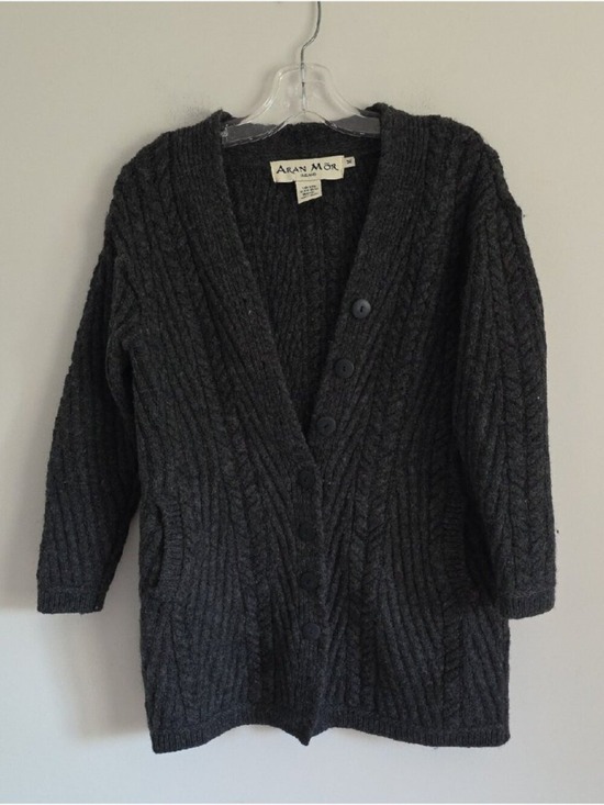 Aran Mor Sweaters - ARAN Mor | chunky cable knit charcoal wool cardigan sweater vintage Sz M